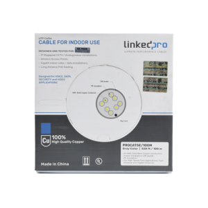 Metro de Cable Cat5e de alto rendimiento, con certificaciones ETL, UL, color gris.